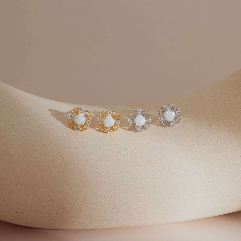 Floral Opal Sterling Silver Stud Earrings - Picture 3 of 7